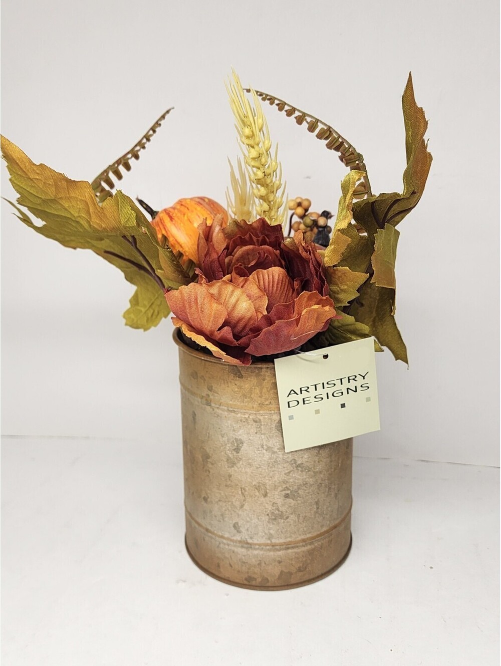 Artistry Designs Small Decorative Rustic Can With Floral Pumpkin Arrangement